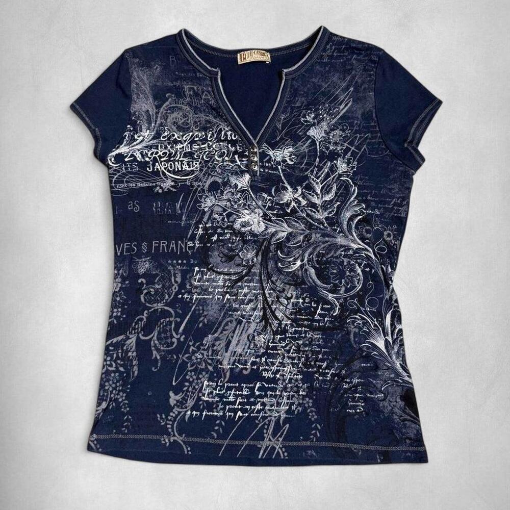 Large | Y2K Blue Canyon Dark Blue Script & Floral Graphic Tee
